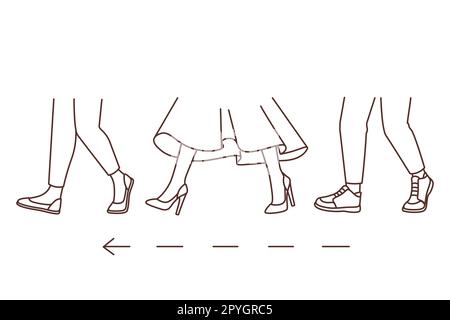 People legs walking in one direction. Men and women feet stepping to destination point together. Vector illustration. Stock Photo