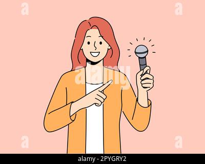 Smiling woman point at microphone holding in hands. Happy female singer or performer demonstrate mic in hands. Hobby and entertainment. Vector illustr Stock Photo