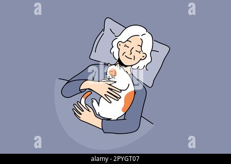 Smiling elderly woman lying in bed with cat sleeping on chest. Happy mature grandmother sleep at home cuddling hugging pet. Vector illustration. Stock Photo