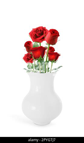 Red roses into vase on white background Stock Photo