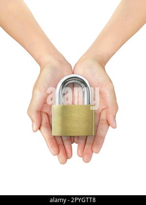 Beautiful woman hand holding a locked padlock on a white isolated background Stock Photo