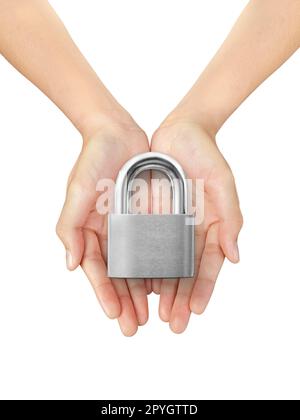 Beautiful woman hand holding a locked padlock on a white isolated background Stock Photo