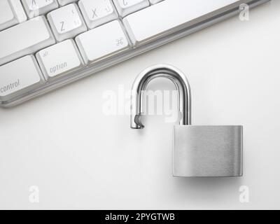 Computer security concept. Unlocked padlock on laptop keyboard. Stock Photo