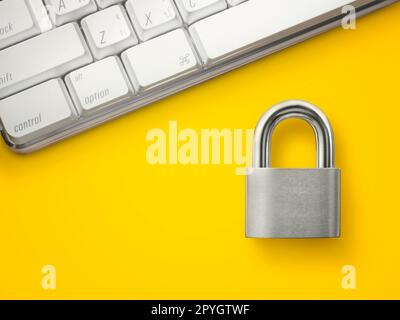 Computer security concept. Unlocked padlock on laptop keyboard. Stock Photo