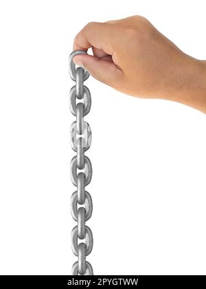 Hand holding the metal chain on white background Stock Photo