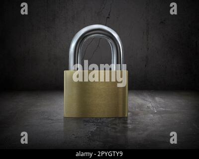 Locked Padlock on Cement floor and concrete old Wall Background Stock Photo