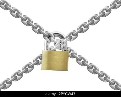 The gray metal chain and padlock on white background Stock Photo