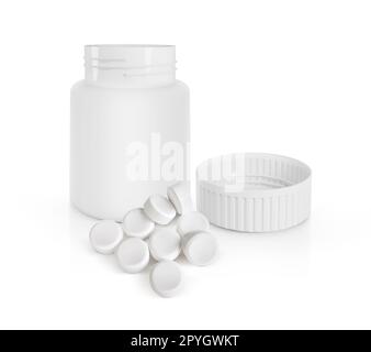 pill bottle and white pills isolated on white background Stock Photo
