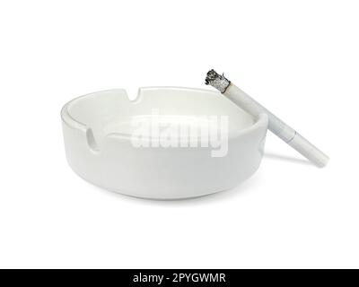 White ashtray and cigarette isolated on white background Stock Photo