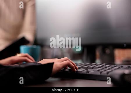App software developer typing machine learning html code on computer, checking artificial intelligence project. Programming engineer working on database system with coding script. Close up Stock Photo
