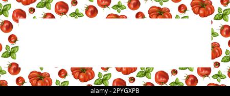 A border of red ripe tomatoes of different varieties with leaf basil. Digital illustration on a white background. For packaging design, postcards, pri Stock Photo