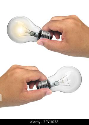 A man's hand holding an Light bulb open, isolated, on white background Stock Photo