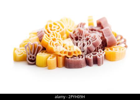 Pasta of various scary shapes. Uncooked halloween pasta isolated on white background. Stock Photo