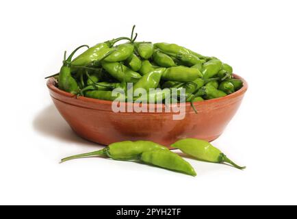 Bowl of Fresh Aji Limo Chili Peppers Isolated on White Background Stock Photo