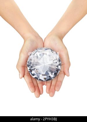 Beautiful woman hand holding a Dazzling diamond on a white isolated background Stock Photo