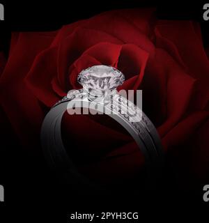 Close up of elegant diamond ring on background of beautiful red rose Stock Photo