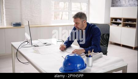 Architect Engineer Drawing Architectural Construction Plan Stock Photo
