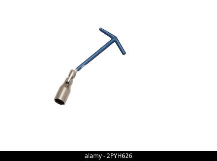 Spark plug wrench with blue handle on white background Stock Photo
