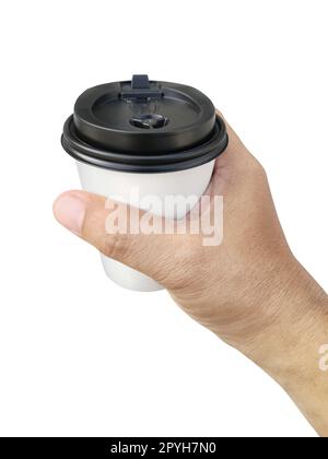 A paper cup of coffee in the hand.Isolated. On colored white background Stock Photo