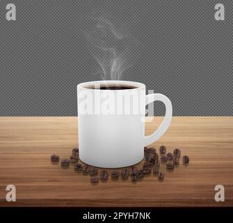 Coffee cup and beans, on a wooden table with smoke isolated on transparent background Stock Photo
