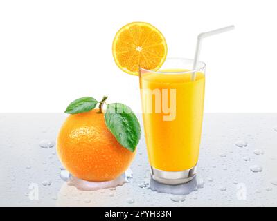 Fresh orange juice with fruits on the table with water droplets Stock Photo