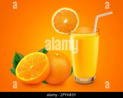 Glass of 100% Orange juice with pulp and sliced fruits on orange background Stock Photo