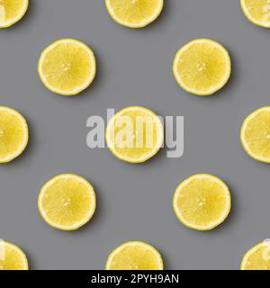 Yellow lemons on gray background seamless endless pattern. Colors of the Year 2021 Illuminating and Ultimate gray Stock Photo