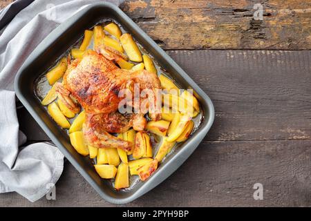 Roasted whole chicken or turkey for celebration and holiday. Christmas, thanksgiving, new year's eve dinner Stock Photo