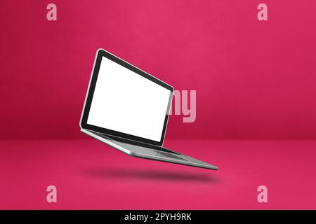 Blank computer laptop floating over a pink background. 3D isolated illustration. Horizontal template Stock Photo