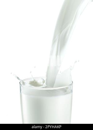 pouring two glass of milk creating splash, isolated on a white background Stock Photo