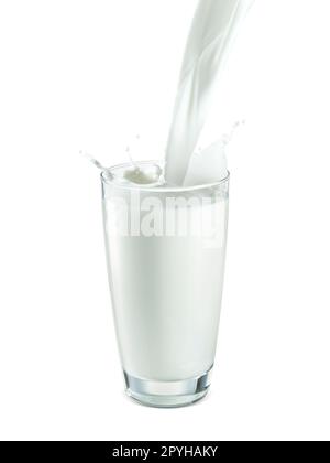 pouring two glass of milk creating splash, isolated on a white background Stock Photo