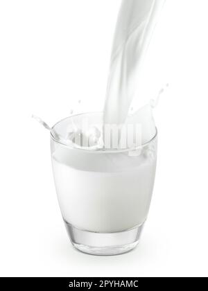 pouring two glass of milk creating splash, isolated on a white b Stock Photo