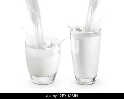 pouring two glass of milk creating splash, isolated on a white b Stock Photo