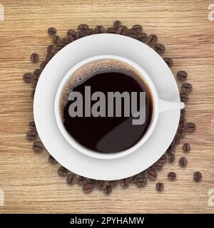 Top view of a Coffee cup and beans, on a wooden table Stock Photo