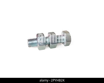 Nut and screw on hand on white background Stock Photo