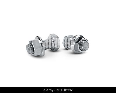Nut and screw on hand on white background Stock Photo