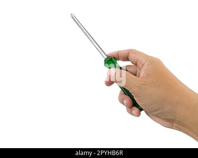 The man holds a screwdriver in his hand on a white background, isolate Stock Photo