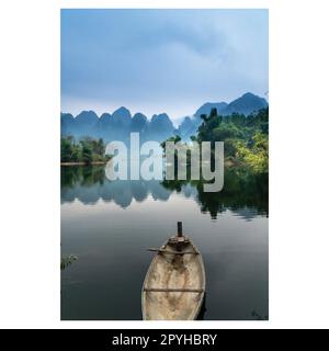 Mountains photo, river, and boat geometric simple vector Stock Vector