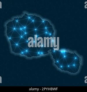 Tahiti network map. Abstract geometric map of the island. Digital connections and telecommunication design. Glowing internet network. Stock Vector