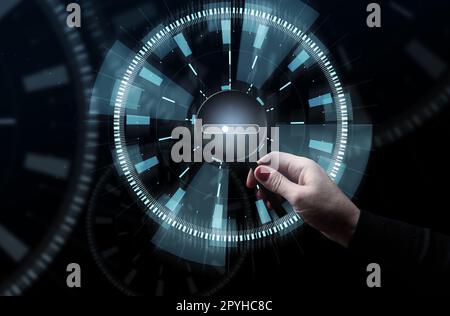 A woman's hand holds a magnifying glass and a virtual bar for entering and posting information Stock Photo