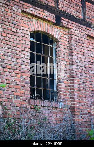 Old window with broken panes Stock Photo