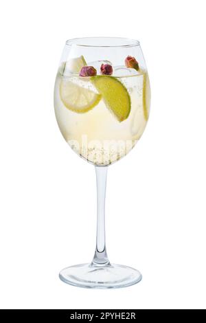 Cold white sangria with dry rosebuds in wine glass Stock Photo