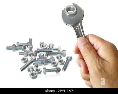 chrome spanner with nut and bolt Stock Photo