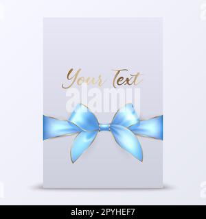 Vector 3d Realistic Blue Gift Ribbon and Bow with White Greeting Card Background. Bow Design Template, Concept for Birthday, Christmas Presents, Gifts, Invitation, Card, Gift Box. Holiday Decoration Stock Photo