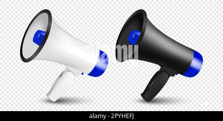 Vector Realistic 3d Simple White and Black Megaphone Icon Set Closeup Isolated. Design Template, Banner, Web. Speaker Design Template. Announcement, Attention Concept Stock Photo