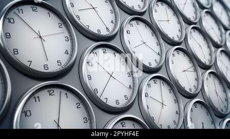 Modern wall clocks showing different time zones of world cities. 3D illustration. Stock Photo