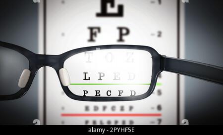 Eye test chart and eyeglasses. 3D illustration. Stock Photo