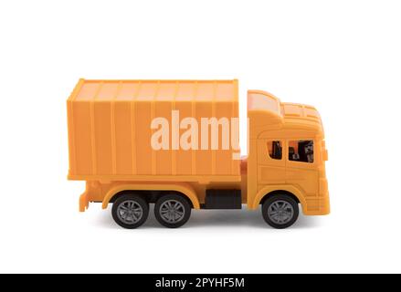 Yellow cargo delivery truck miniature isolated on white background with clipping path Stock Photo