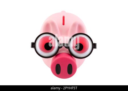 Piggy bank with black glasses and big red eyes isolated on white with clipping path Stock Photo