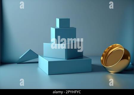 blue podium with blue gift boxes and gold ribbon on blue studio, minimal concept, showcase for product Stock Photo